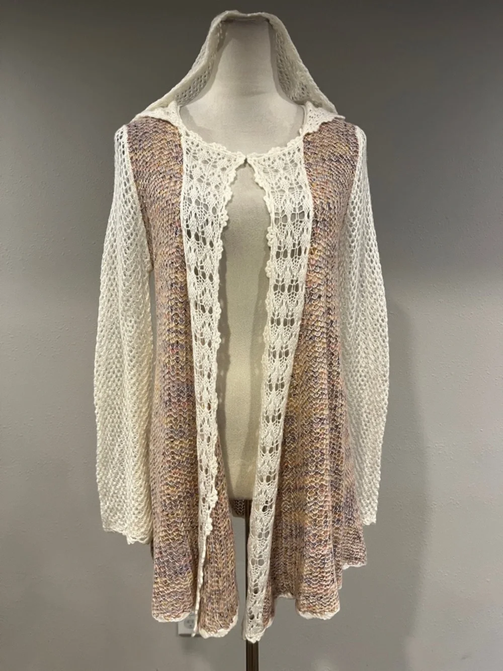 Hem & Thread Hooded Open Front Crochet-Trim Sweater Cardigan size medium‎
